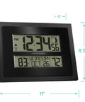 Digital Atomic Clock With Outdoor Temperature And Moon Phase Auto Time Sync Large Two Inch Digits Twelve Or Twenty Four Hour Display DST Auto Seven Time Zones No Fuss Setup Black Wall Or Desk Clock For Home And Office with large display in black