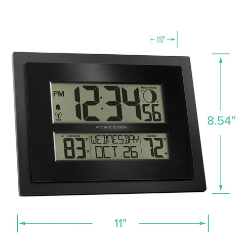 Digital Atomic Clock With Outdoor Temperature And Moon Phase Auto Time Sync Large Two Inch Digits Twelve Or Twenty Four Hour Display DST Auto Seven Time Zones No Fuss Setup Black Wall Or Desk Clock For Home And Office with large display in black