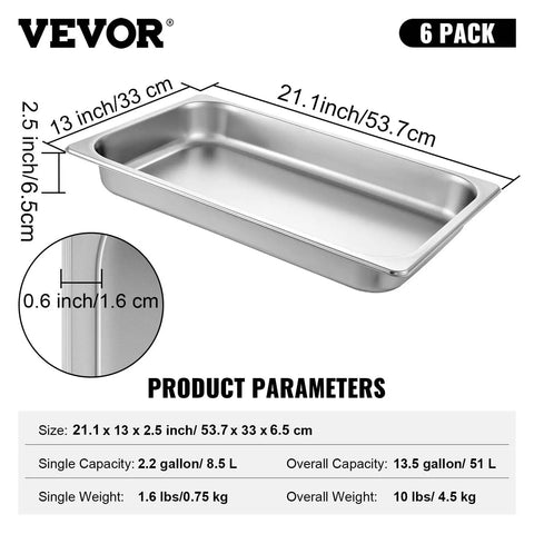 Six Pack Full Size Stainless Steel Steam Table Pans 2.5 Inch Deep Built For Big Batches Anti Jam Commercial Food Pans For Restaurants Catering And Food Storage 20.8 X 13 X 2.5 Inches With 51 Liter Capacity displayed with product dimensions.