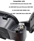 Close-up of Permanent Aluminum Fuel Tank Door Hinge Repair Kit With Spring, showing compatibility for Chevy Silverado and GMC Sierra models