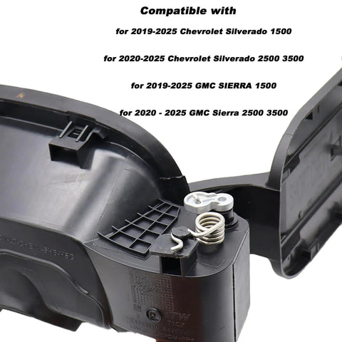 Close-up of Permanent Aluminum Fuel Tank Door Hinge Repair Kit With Spring, showing compatibility for Chevy Silverado and GMC Sierra models