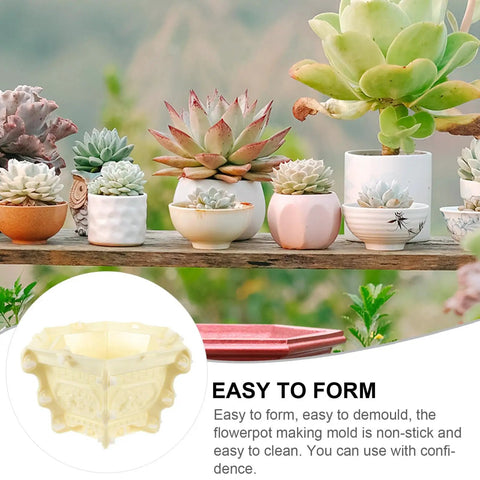 Hexagonal Concrete Bonsai Pot Mold For DIY Succulent And Flower Pots 12.59 x 12.2 x 8.26 Inches Durable Garden Container For Patio Outdoor Decor And Garden Projects shown with various succulents.
