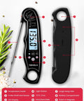 Ultra Fast Instant Read Digital Meat Thermometer with backlit LCD, showing temperature, waterproof probe, black casing.