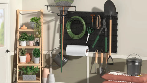 Garage Slatwall Hang Track Kit, 33 Inch Wide, with pegboard hooks, paper towel holder, installed in utility room.