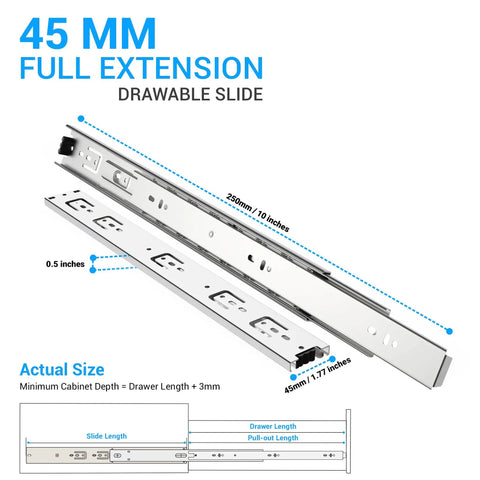 10 Inch Full Extension Drawer Slides Side Mount Rails Noiseless Glides With Ball Bearings Heavy Duty Kitchen Cabinet Runners Silver