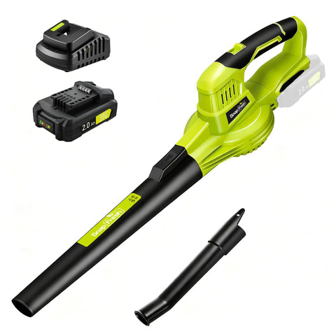 20V Cordless Leaf Blower with 2Ah Battery and Fast Charger, lightweight 2.7 lb design shown with accessories, one-hand operation