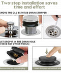Hassle Free Snap Fit Universal Bathtub Drain Stopper, installation steps showing how to remove and insert the plug easily.