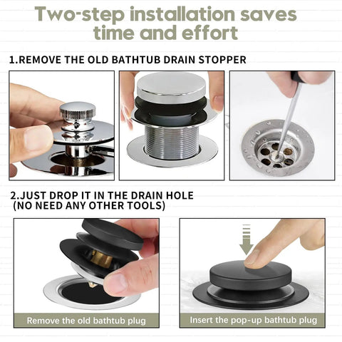 Hassle Free Snap Fit Universal Bathtub Drain Stopper, installation steps showing how to remove and insert the plug easily.