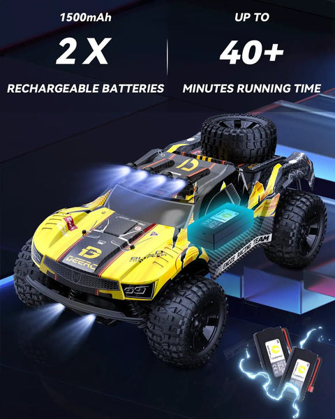 1:10 Scale 4WD RC Truck For Adults And Boys With LED Roof Lights And Headlights, Spare Tire, Metal Dog Bone, Dual Batteries, All Terrain Hobby Grade Desert RC Car That Rips Up To 48 KPH displayed with batteries