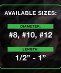 Available sizes for Size 10 X 1 Inch Metal To Metal Low Profile Self Drilling Screws: diameters #8, #10, #12 and lengths 1/2" to 1".