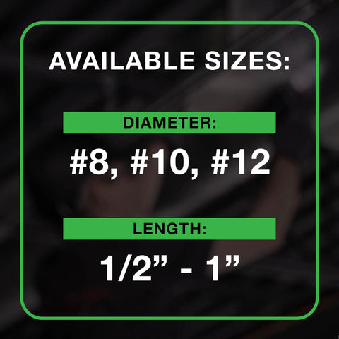 Available sizes for Size 10 X 1 Inch Metal To Metal Low Profile Self Drilling Screws: diameters #8, #10, #12 and lengths 1/2" to 1".