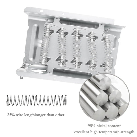 Durable Dryer Heating Element Kit Replacement Nickel Chromium Construction for Select Dryers including MEDX655DW1, MED4500MW0, MEDC400VW0, MEDC200XW1, and AED4475TQ1 Easy Install and Consistent Heat, shown with close-up of heating coils and nickel rods.