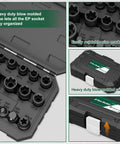 Heavy Duty 22 Piece External Torx Plus Socket Set For Tesla Ev Battery Swaps And Street Build Ups 1 4 3 8 1 2 Inch Drives Knuckle Bashin Chrome V Steel Kit in blow molded case with organized sockets.