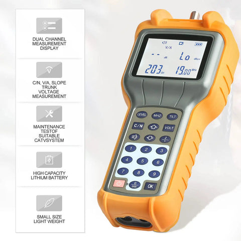 Beefy Coax Cable Tracer And CATV Tester with dual display, rugged design, numeric keypad, handheld TV RF meter for 47-870 MHz.