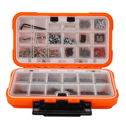 Universal RC Screws Set 537 Piece Hardware Kit For 1/8 1/10 1/12 1/16 Scale Cars Trucks Buggies And Crawlers With Durable Storage Box And Wide Compatibility For HPI Axial And More. orange organizer with assorted RC screws, nuts, washers, and clips