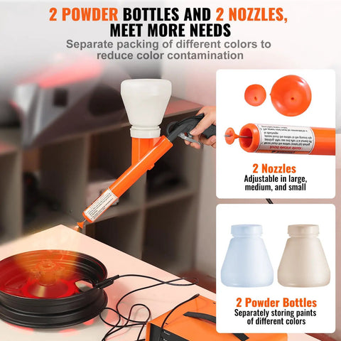 Vevor 50Kv Electrostatic Powder Coating Kit With Foot Switch And Spray Gun For Home Diy Projects Heavy Duty Equipment, featuring 2 powder bottles and nozzles.