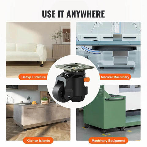 Heavy Duty 4Pc Swivel Caster Wheels Featuring Slick Rubber Pads Adjustable Height Leveling Bolts for furniture and machinery.