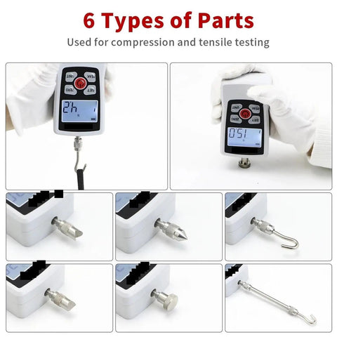 Dead Nuts Digital Hardness Tester And Push Pull Gauge Meter featuring parts for compression and tensile testing with display.