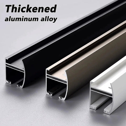 Heavy Duty Wall Mounted Double Sliding Barn Door Hardware Kit With Totally Smooth Silent Rollers And Dead Simple Install Brass Finish Room Divider Track System For Modern Spaces showing thickened aluminum alloy tracks in black, brown, and white.