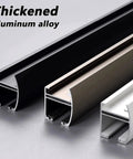 Rock Solid Heavy Duty Double Sliding Barn Door Track System Boasting Super Smooth Rollers For Quick Installation Near Nine Feet With A Knockout Brass Finish For Room Upgrades showing thickened aluminum alloy tracks in black, bronze, and white.