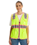Slim Fit High Visibility Vest For Women With Drawstring Waist Hella Bright Reflective Safety Gear Tailored For Female Figures modeled by a smiling woman.