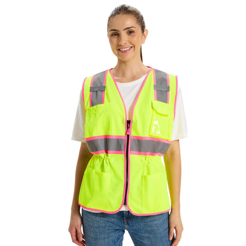 Slim Fit High Visibility Vest For Women With Drawstring Waist Hella Bright Reflective Safety Gear Tailored For Female Figures modeled by a smiling woman.