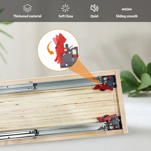 Frameless 20 Inch Soft Close Bottom Mount Drawer Slides Beefy Full Extension Ball Bearing Hidden Undermount Runners Concealed Rails Locking Devices And 75 Lb Load Capacity Pack Of 10 Pairs, showing red locking device detail on wooden drawer.