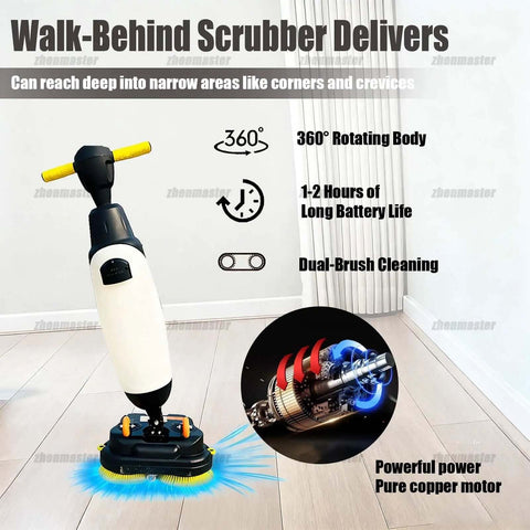 Cordless Electric Floor Scrubber With 360 Degree Steering And 90 Minute Runtime For Restaurant Kitchens, Tile And Sealed Hardwood Floors, Pro Grade Cleaner In Gray with dual-brush cleaning and powerful copper motor visible.