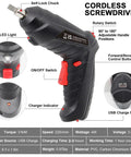 Easy Grip Cordless Electric Screwdriver With Bright Led Work Light And Rapid Usb Charging Solid Rechargeable Power Drill Kit With 47 Bits, showcasing controls and USB port.