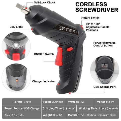 Easy Grip Cordless Electric Screwdriver With Bright Led Work Light And Rapid Usb Charging Solid Rechargeable Power Drill Kit With 47 Bits, showcasing controls and USB port.