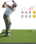 Man practicing on 5x4 Ft Golf Hitting Mat Set With 31mm Dense Elite Surface For Backyard Driving And Chipping Practice Includes 10 Balls 9 Tees Heavy Duty Artificial Training Mat For Indoor And Outdoor Simulators