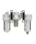 Front view of Dual Air System One Half Inch NPT Pneumatic Filter Regulator Lubricator with Poly Bowl and 0-150 PSI Gauge