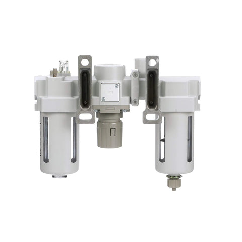 Front view of Dual Air System One Half Inch NPT Pneumatic Filter Regulator Lubricator with Poly Bowl and 0-150 PSI Gauge