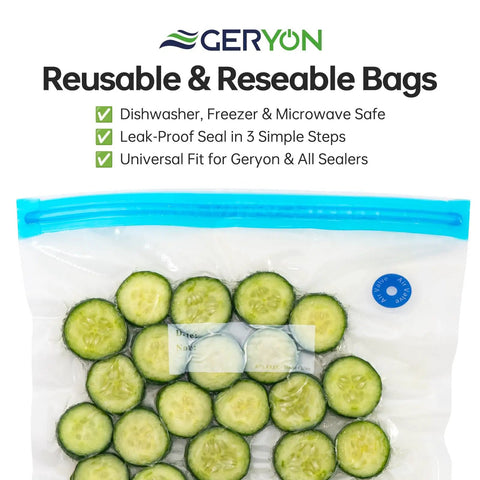Reusable resealable bag filled with cucumber slices, compatible with Must Have Vacuum Sealer For Dry And Moist Food, Compact Kitchen Gadget With LED Touch Controls, Dual Sealing Modes, Works With Reusable Bags, Includes Rolls For Sous Vide And Freezer Storage, A Beast For Meal Prep.