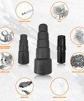 10 Piece Universal Vacuum Hose Adapter Set for Shop Vac showing various adapter sizes and uses such as dust and debris collection.