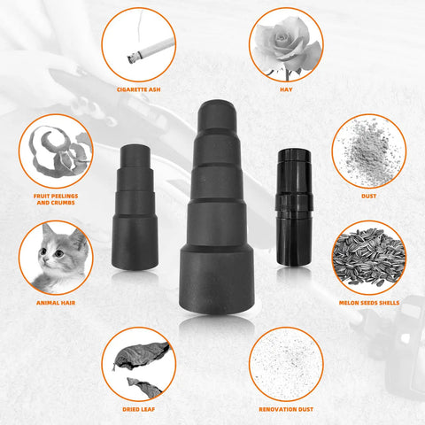 10 Piece Universal Vacuum Hose Adapter Set for Shop Vac showing various adapter sizes and uses such as dust and debris collection.