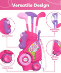 Toddler Golf Set For Kids Aged 2 To 4 Boys And Girls Upgraded Golf Clubs With Cart Putting Mat Indoor Outdoor Play Toy Safe Durable Plastic Pink Birthday Gift. Image depicts pink golf set with clubs and cart, showing retractable handle and versatile design features in detail.