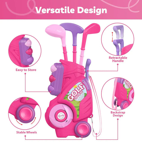 Toddler Golf Set For Kids Aged 2 To 4 Boys And Girls Upgraded Golf Clubs With Cart Putting Mat Indoor Outdoor Play Toy Safe Durable Plastic Pink Birthday Gift. Image depicts pink golf set with clubs and cart, showing retractable handle and versatile design features in detail.