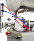 Close-up of Heavy Duty 100 To 1000 ML Paste Filling Mixing Machine With Horizontal Heating Hopper And Pneumatic Liquid Filler parts.