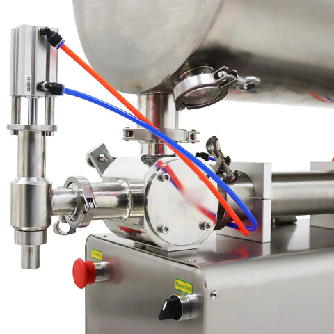 Close-up of Heavy Duty 100 To 1000 ML Paste Filling Mixing Machine With Horizontal Heating Hopper And Pneumatic Liquid Filler parts.