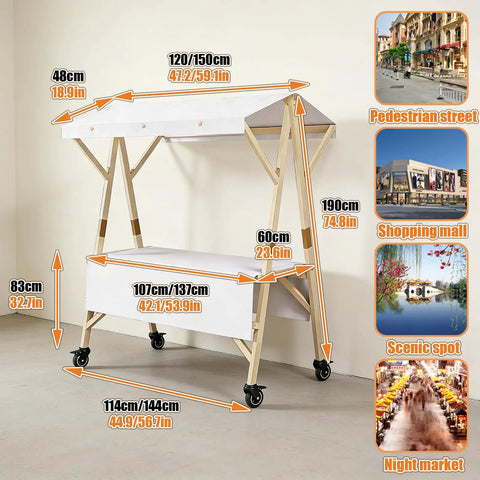Portable Farmers Market Stand With Foldable Canopy On Wheels For Street Vending And Outdoor Events Sturdy Wooden Vendor Cart Easy To Store Mobile Market Stall In Bright Yellow About 47 By 24 By 79 Inches