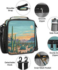 Desert Cactus Lunch Bag With Thick Insulation Leakproof Cooler Tote showing features: shoulder strap, side pocket, zippers.