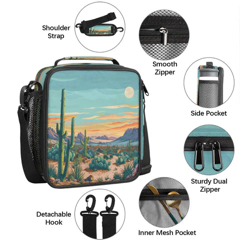 Desert Cactus Lunch Bag With Thick Insulation Leakproof Cooler Tote showing features: shoulder strap, side pocket, zippers.