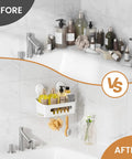 Before and after view showing Powerful Suction Cup Shower Caddy With Removable Shelf Slick Install Bathroom Organizer Holds Up To 22 Lbs Waterproof Storage For Tile Glass Mirror And Stainless Steel White installed on tile with toiletries.