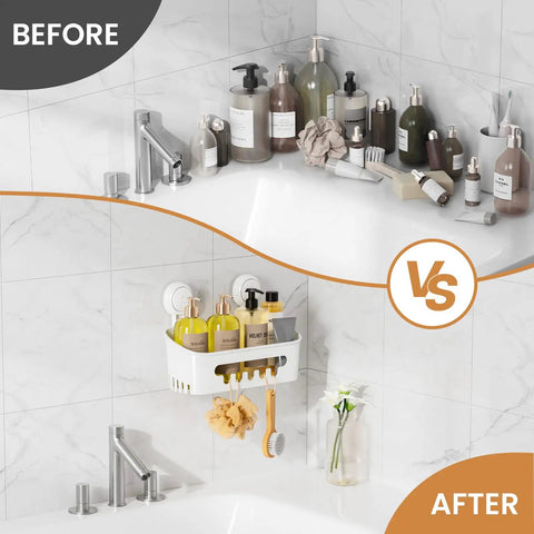 Before and after view showing Powerful Suction Cup Shower Caddy With Removable Shelf Slick Install Bathroom Organizer Holds Up To 22 Lbs Waterproof Storage For Tile Glass Mirror And Stainless Steel White installed on tile with toiletries.