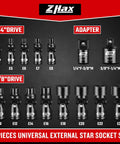 15-Piece E-Torx Swivel Socket Set With 1/4 In And 3/8 In Drives, Universal Joint, External Star Sockets E4 To E24, Built Tough From CR-V Steel, Includes 2 Adapters For Quick, Flexible Auto And Bike Projects, 1/4 and 3/8 drive sockets shown
