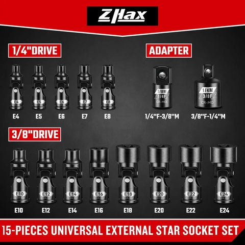 15-Piece E-Torx Swivel Socket Set With 1/4 In And 3/8 In Drives, Universal Joint, External Star Sockets E4 To E24, Built Tough From CR-V Steel, Includes 2 Adapters For Quick, Flexible Auto And Bike Projects, 1/4 and 3/8 drive sockets shown
