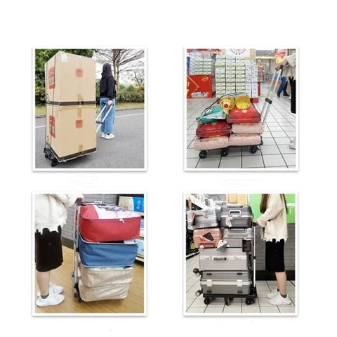 No Sweat Heavy Duty Foldable Hand Cart Featuring Retractable Handle, loaded with boxes and bags, demonstrating its portable capability.