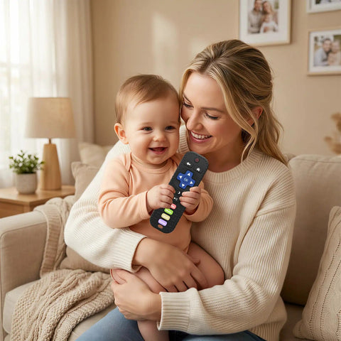 Baby holding Realistic Remote Control Teether Toy For Babies, Sensory Silicone Chew Toy enjoying teething relief with mom