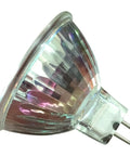 MR16 12V 20W Halogen Light Bulbs 6 Pack, glass front cover, bi-pin GU5.3 base, side view close-up